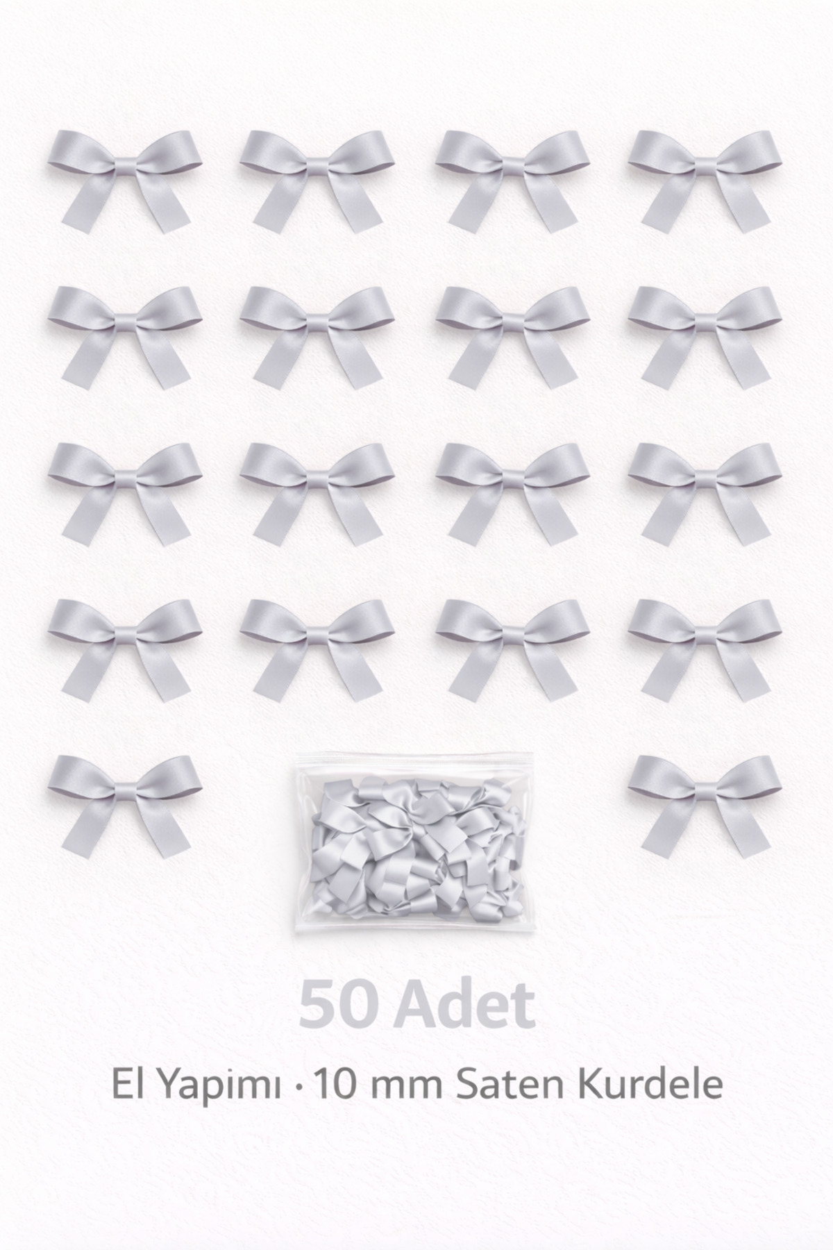 Gray Bow Satin Ribbon – 10 mm Ornament, Wedding Candy, Gift, Dowry Ornament, Balloon Ornament 50 Pieces
