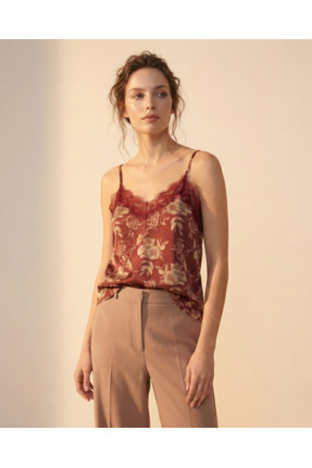 peralist Kadın Bordo Baskılı Dantel Detaylı Ayar Halkalı Askılı Krep Kumaş Bluz