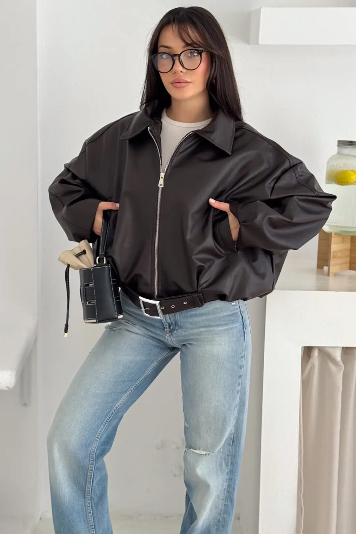 Helen Goods İçi Kürklü Oversize Kadın Deri Ceket Mont görsel 3