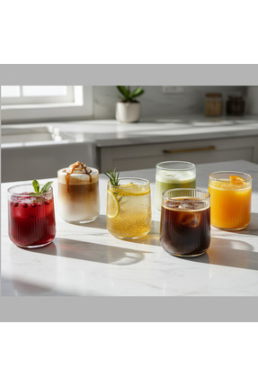Kristella 6'lı Lüks Dikey Çizgili Borosilikat Cam Meşrubat Ve Latte Bardak Se...