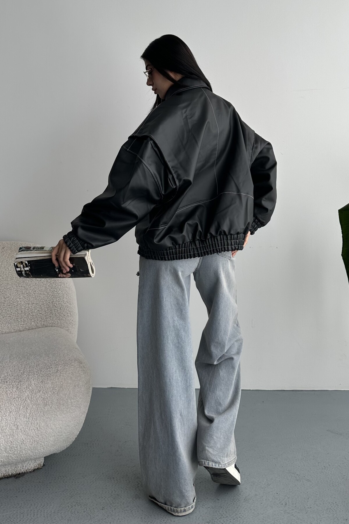 moda armanc  Kadın Vintage Oversize Siyah Deri Ceket - Bomber Kontrast Detaylı Biker Mont - Görsel 8