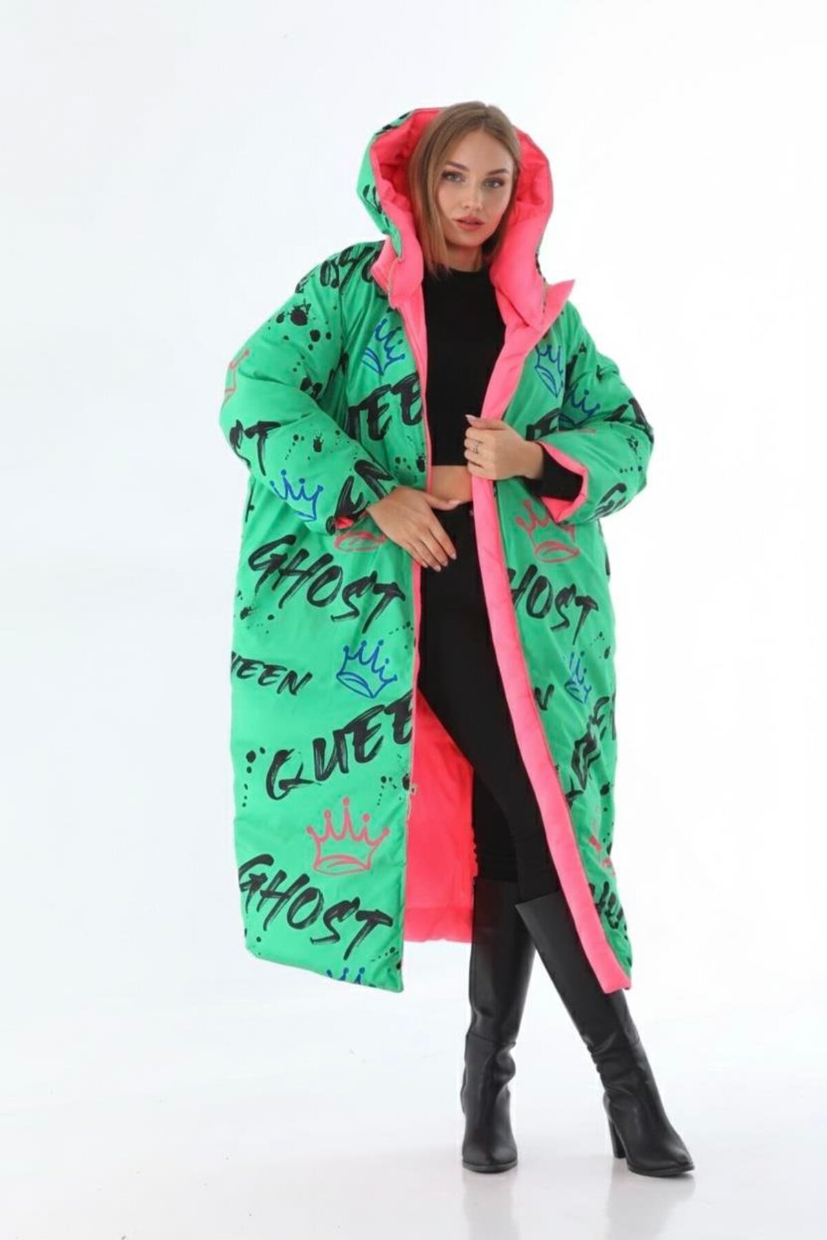 shE tekstil Φουσκωτό παλτό OVERSIZED με κουκούλα διπλής όψης