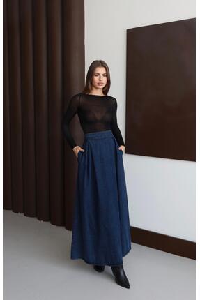 RUVA BUTİK YÜKSEK BEL PİLE DETAYLI DENİM KOT ETEK