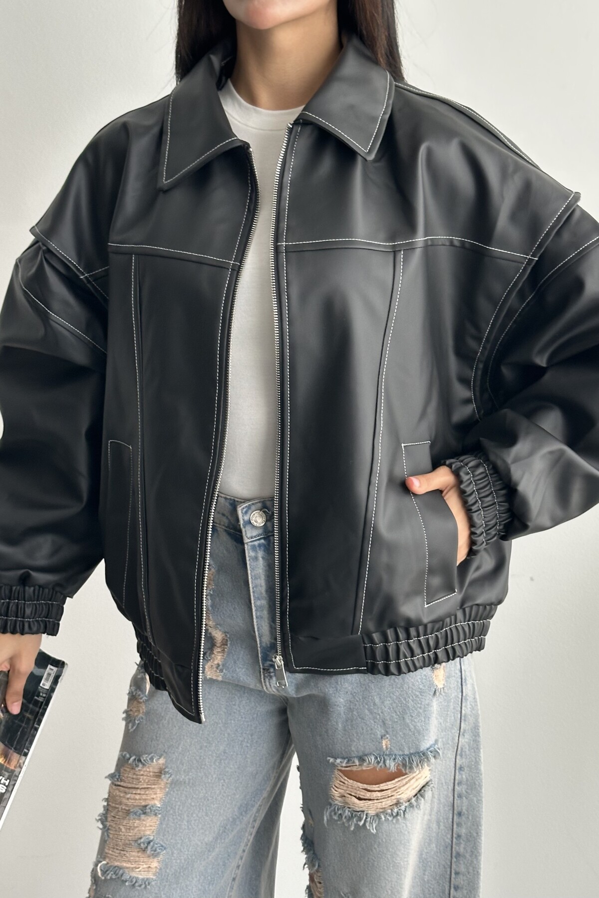 moda armanc  Kadın Vintage Oversize Siyah Deri Ceket - Bomber Kontrast Detaylı Biker Mont - Görsel 2