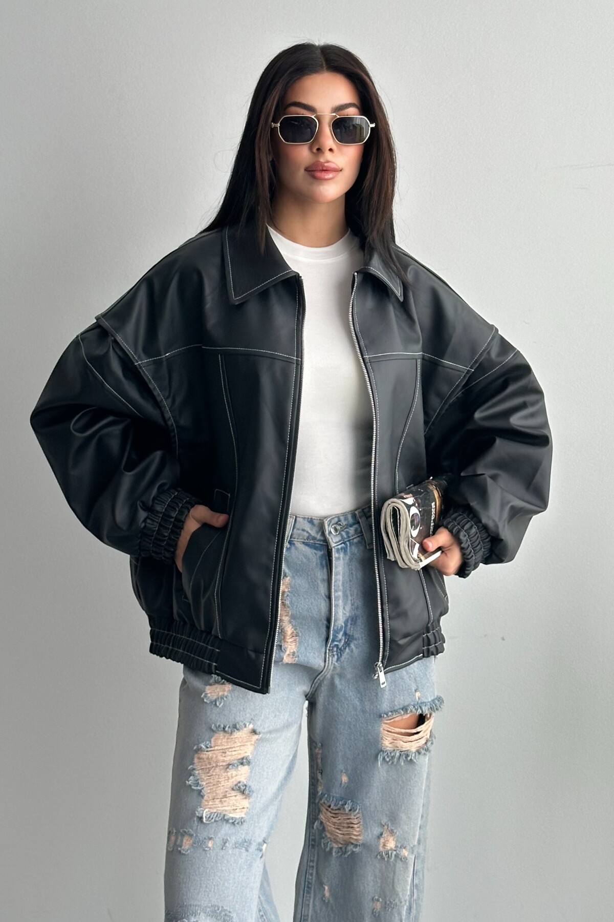 moda armanc  Kadın Vintage Oversize Siyah Deri Ceket - Bomber Kontrast Detaylı Biker Mont - Görsel 5