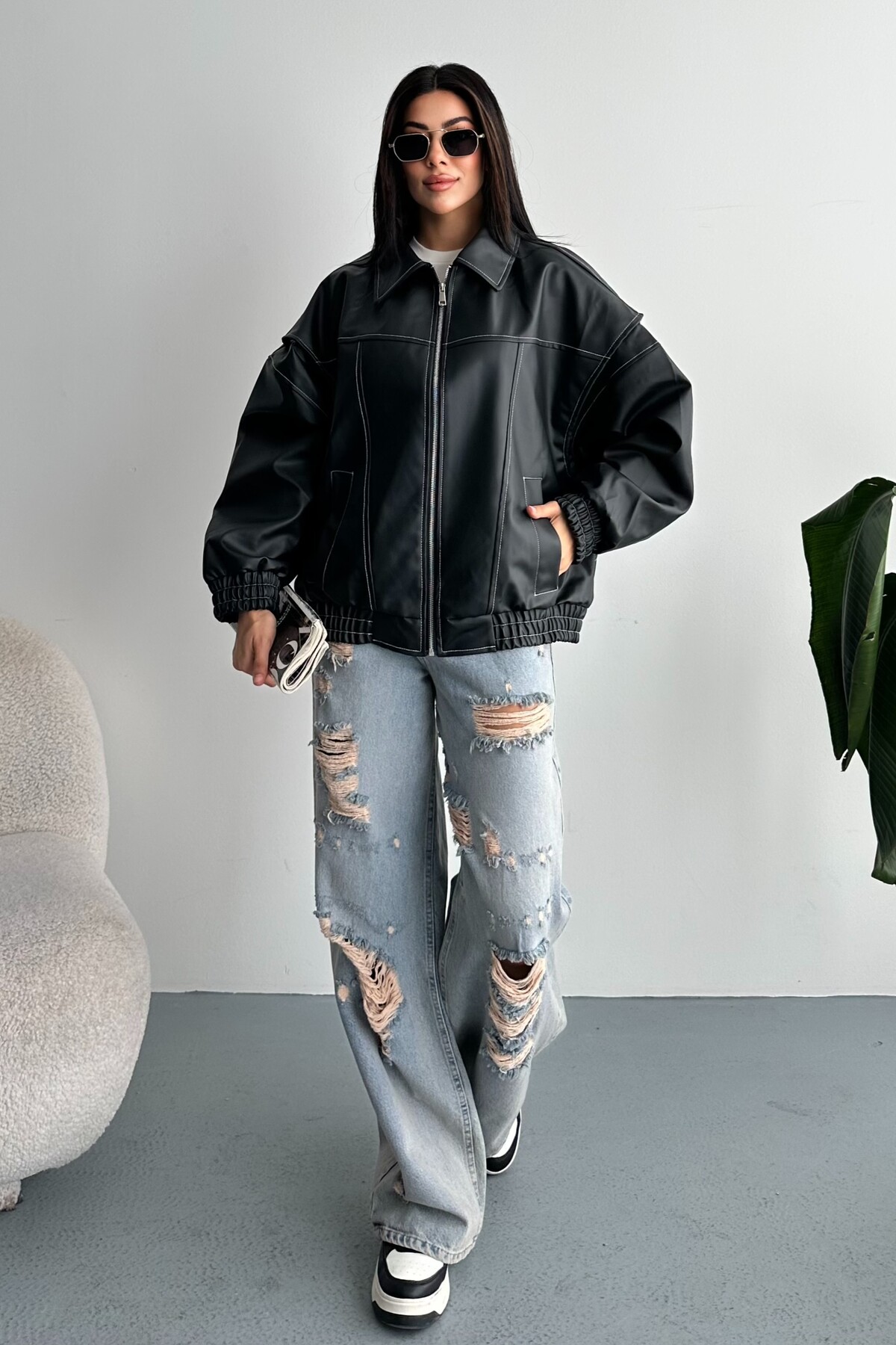 moda armanc  Kadın Vintage Oversize Siyah Deri Ceket - Bomber Kontrast Detaylı Biker Mont - Görsel 6