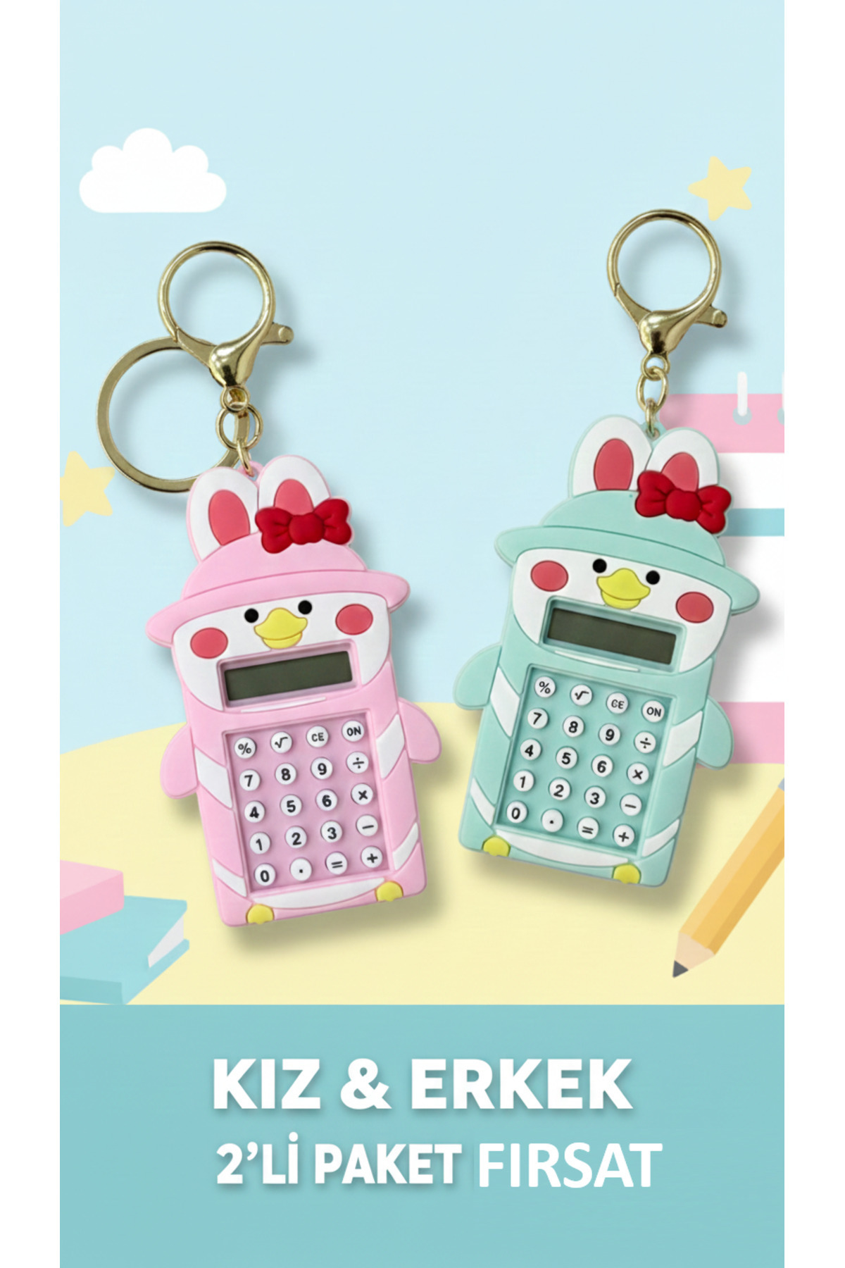 İtalyano 2’li Set Sevimli Tavşan ve Ördek Figürlü Mini Hesap Makinesi Anahtarlık - Pembe & Turkuaz