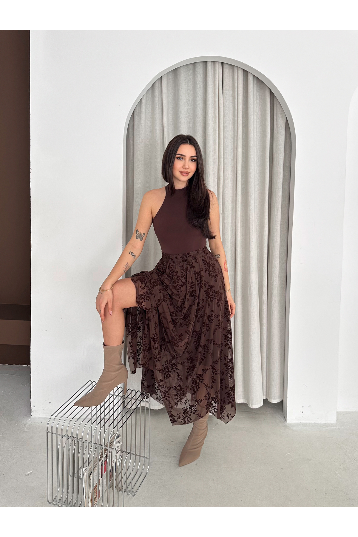 Zula Moda Tesettür Asimetrik Flok Baskılı Tül Etek | Modest Asymmetric Flocked Tulle Skirt görsel 5