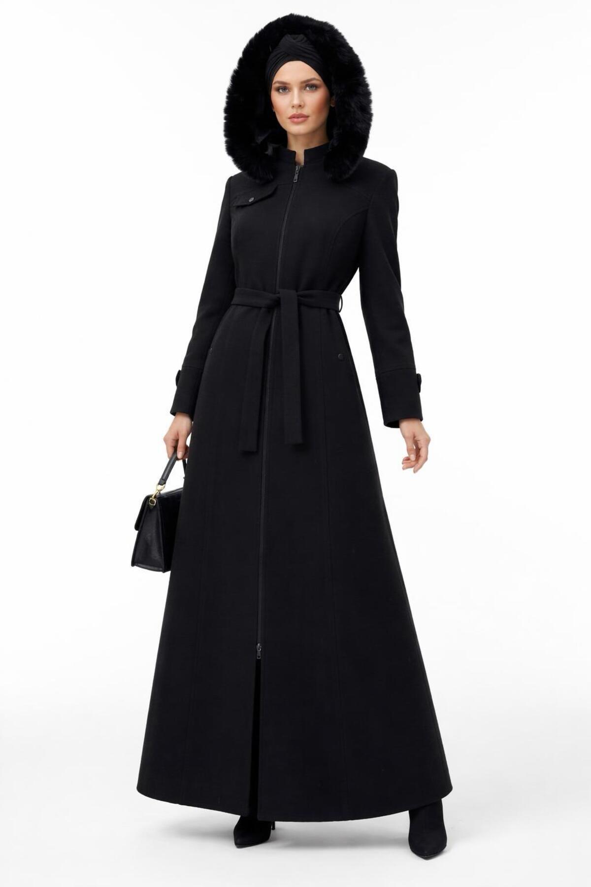 ESİN GİYİM  Luna Kürk Kapüşonlu Kemerli Uzun Kaban - Görsel 2