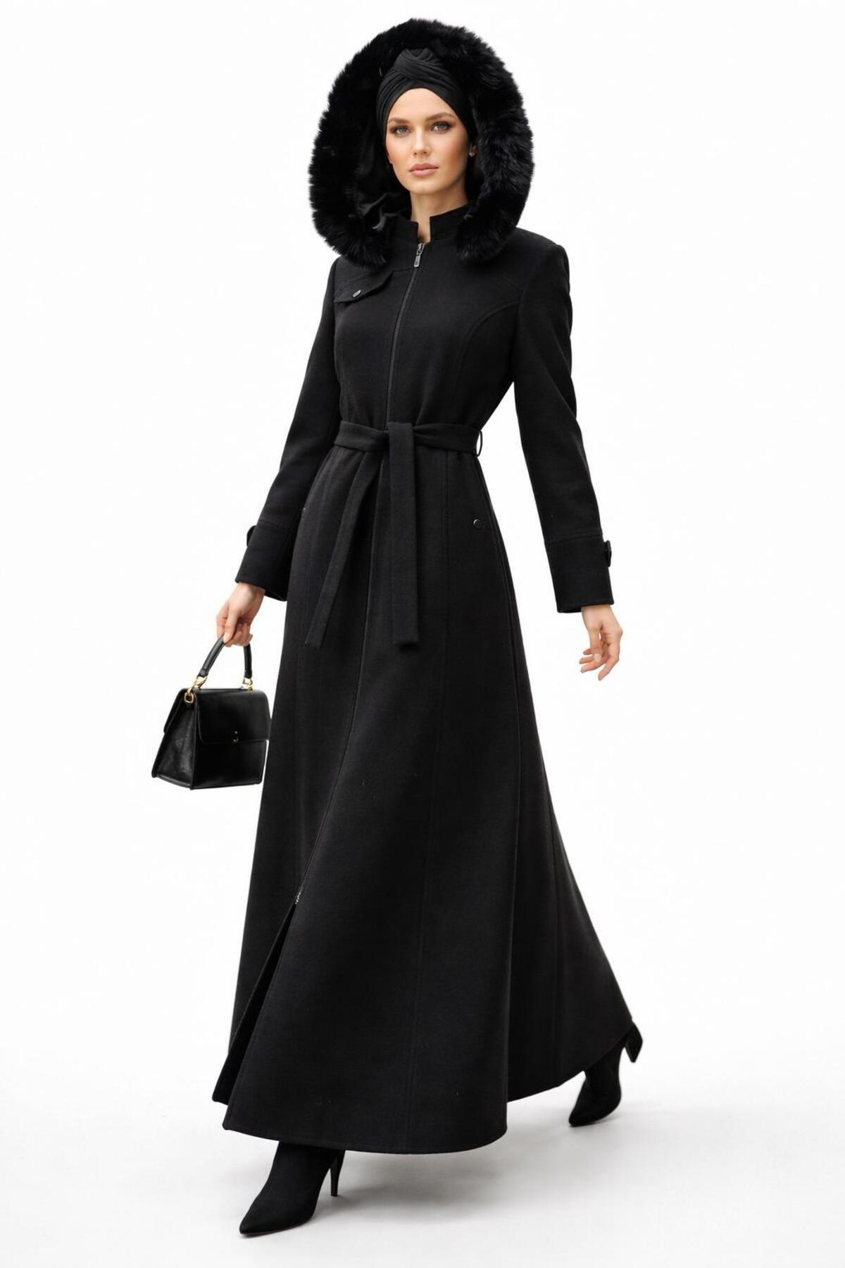 ESİN GİYİM  Luna Kürk Kapüşonlu Kemerli Uzun Kaban - Görsel 4