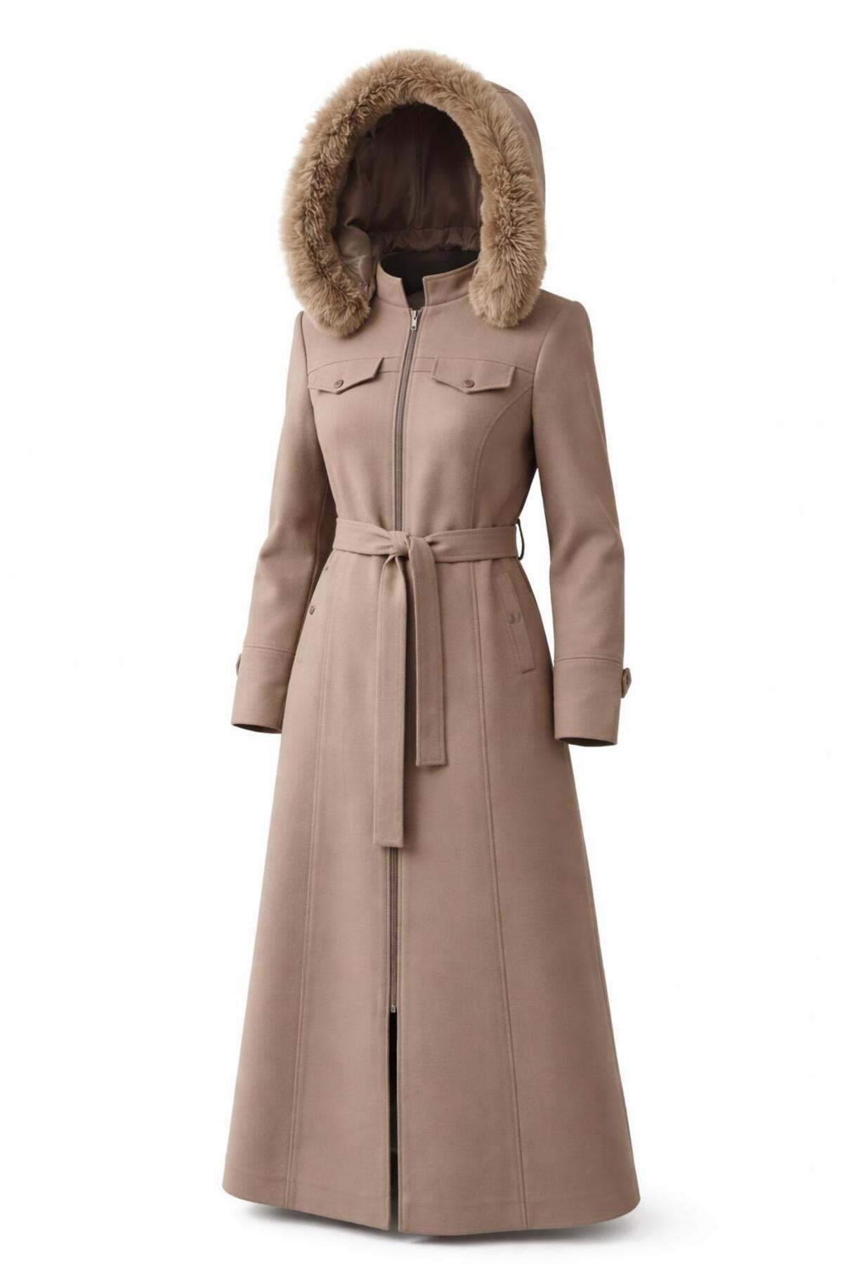 ESİN GİYİM  Luna Kürk Kapüşonlu Kemerli Uzun Kaban