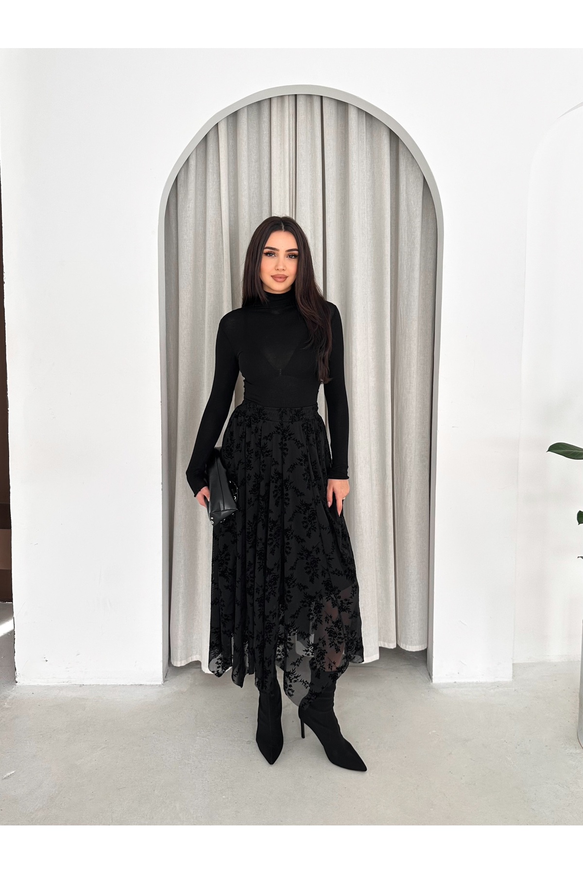 Black Asymmetrical Cut Lace Long Skirt (Lined)