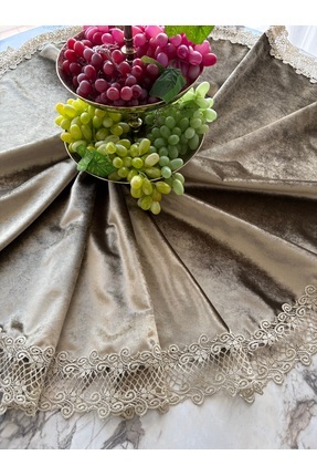ELORA MAISON Haki yeşil kadife kumaş yuvarlak masa fiskos örtüsü fransız dant...