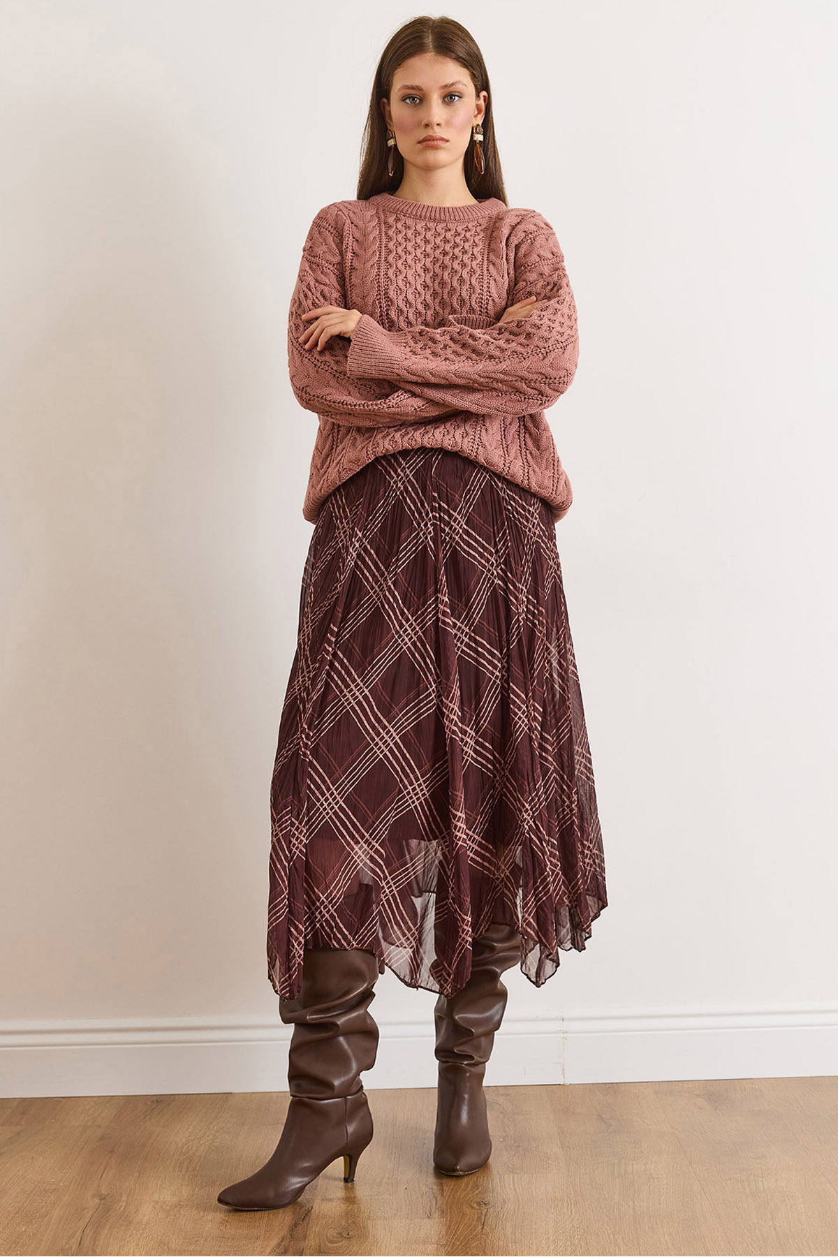 Women's Brown Lined Skirt Asymmetrical Plaid Bell Tulle Skirt ETK-19000384