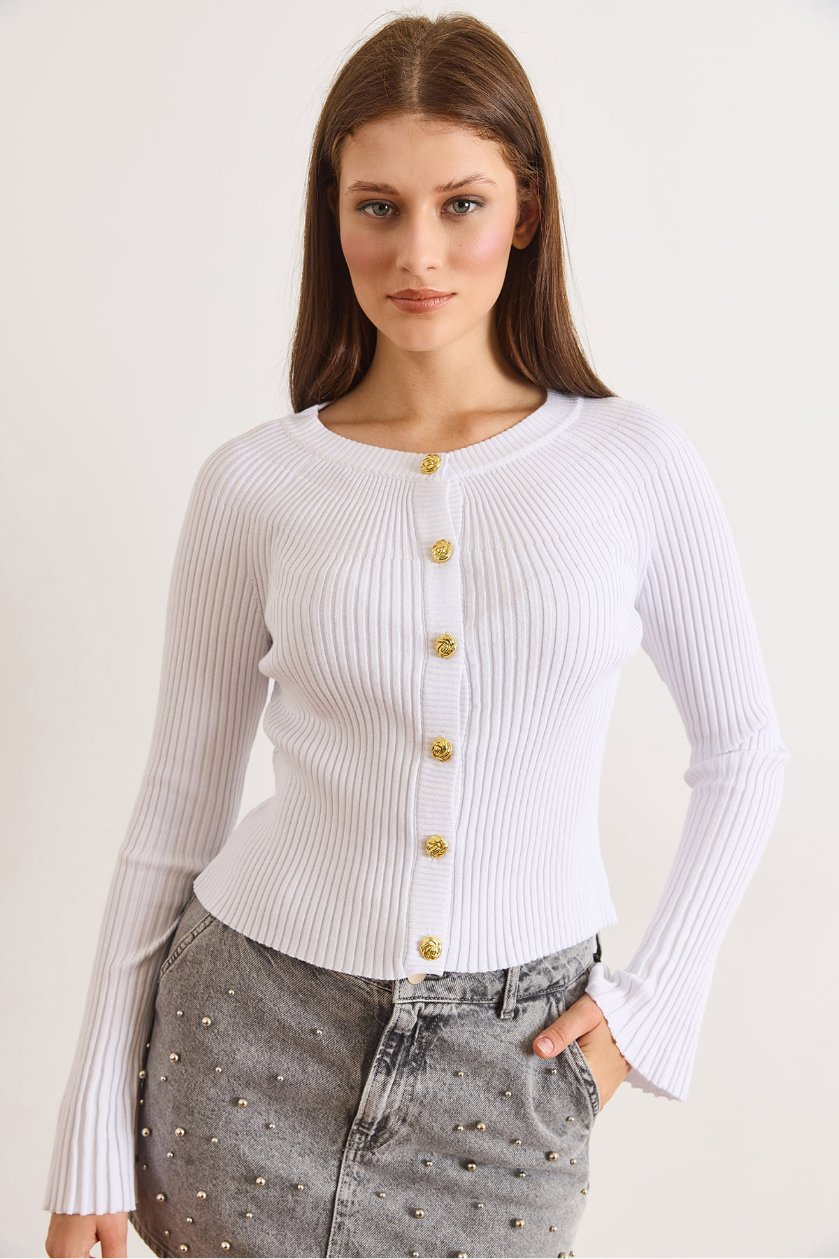 Women's White Gold Buttoned Spanish Sleeve Ribbed CardiganHRK-19000388