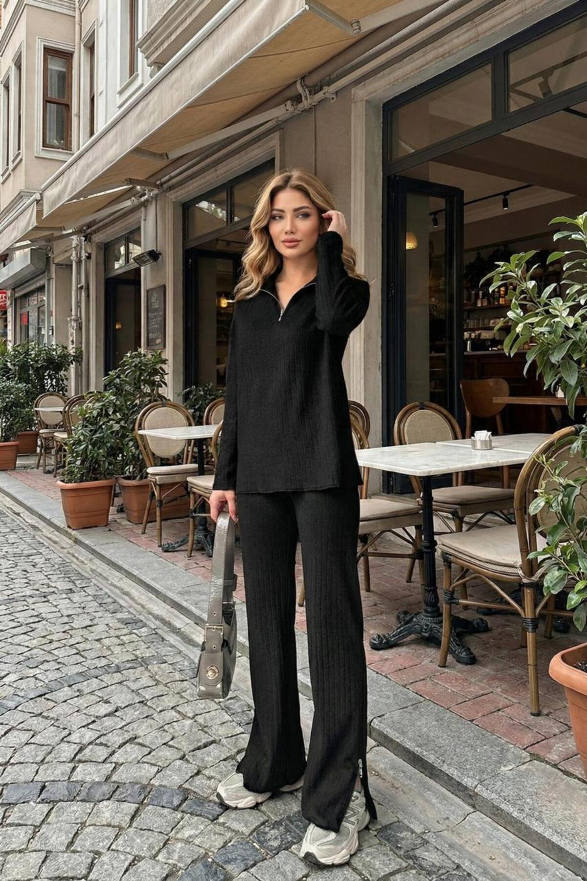 Women's Double Set with Zipper Detail and Thin Raise