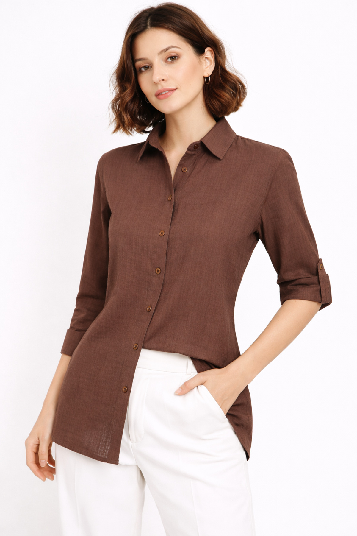 Nuevo  Kadın Kahverengi Keten Gömlek | Fit Kesim, Uzun Kollu, Düğmeli, Günlük & Ofis Şıklığı - - Görsel 2