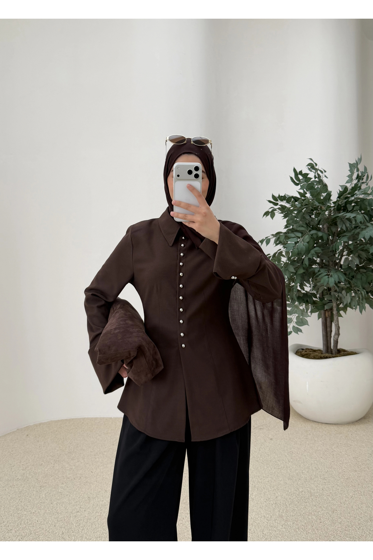 MODA AKSA  MİNİK DÜĞME GÖMLEK KAHVE - Görsel 6