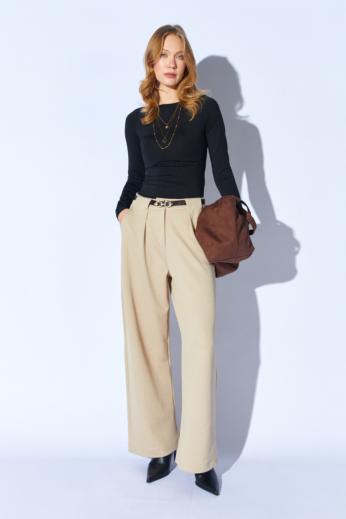 Bej İçten Kemerli Pileli Yün Efekt Palazzo Pantolon | MKW669832-01