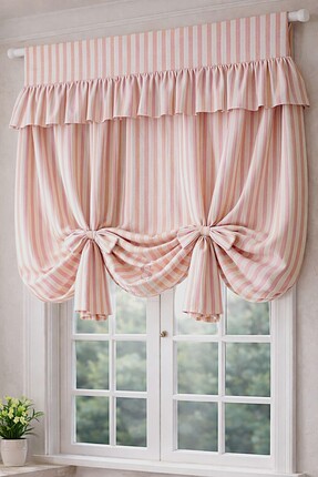 shules collection BAĞLAMA DETAYLI PEMBE ÇİZGİLİ BULDAN KETEN RETRO FON PERDE(...