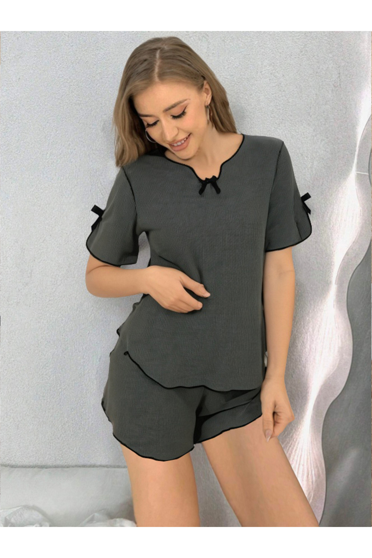 Take Two By Styli Waffle Knit Bow Detail Top and Shorts Set