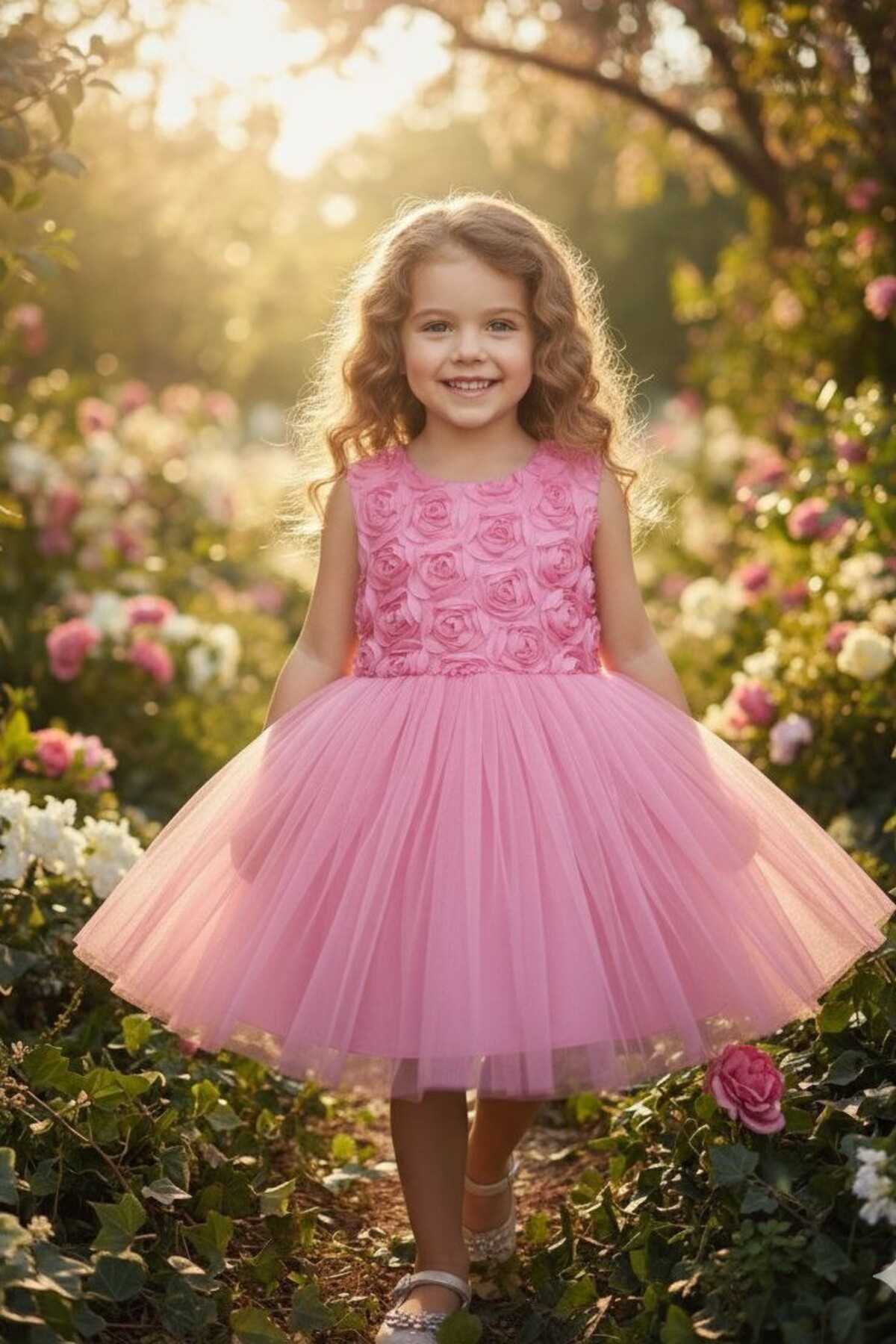 3D Gül Kabartmalı Tüllü Pembe Çocuk Abiye 2/12 yaş arası abiye ABY244