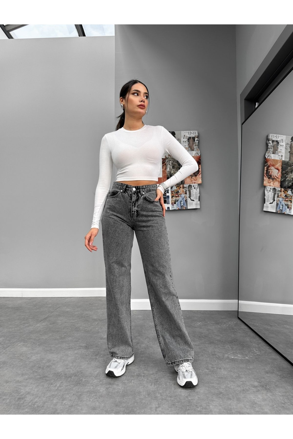 mooishan Evelin Füme Yüksek Bel Palazzo Jeans,Likralı Bol Paça Salaş Kot PantolonDK-3 görsel 5