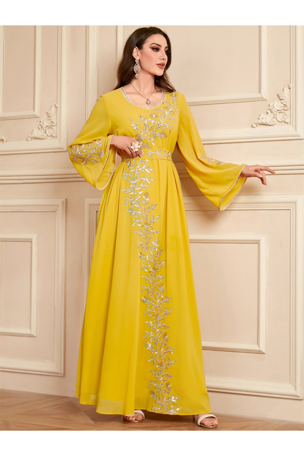 Take Two By Styli Women Yellow Floral Embroidery Jalabiya
