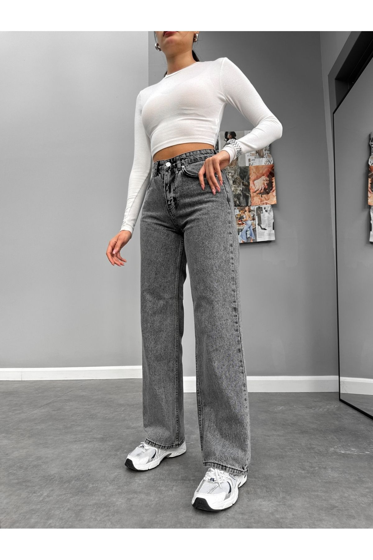 mooishan Evelin Füme Yüksek Bel Palazzo Jeans,Likralı Bol Paça Salaş Kot PantolonDK-3