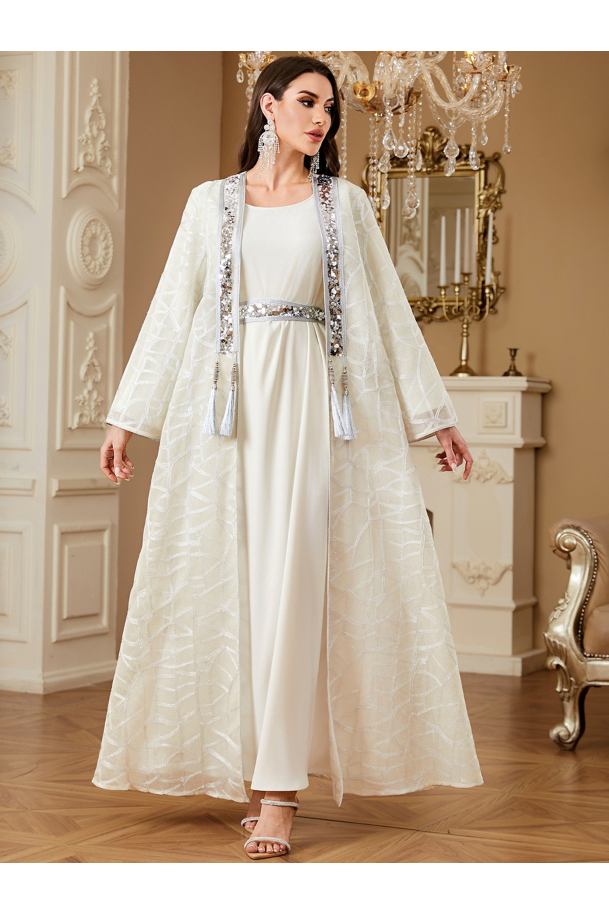Take Two By Styli Women Sequined Textured Kimono and Dress Modest Set