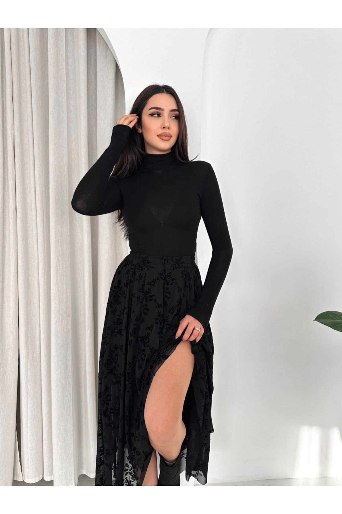 MİSPİER  Asimetrik kesim Flok Baskılı Tüllü Astarlı Etek - Görsel 8