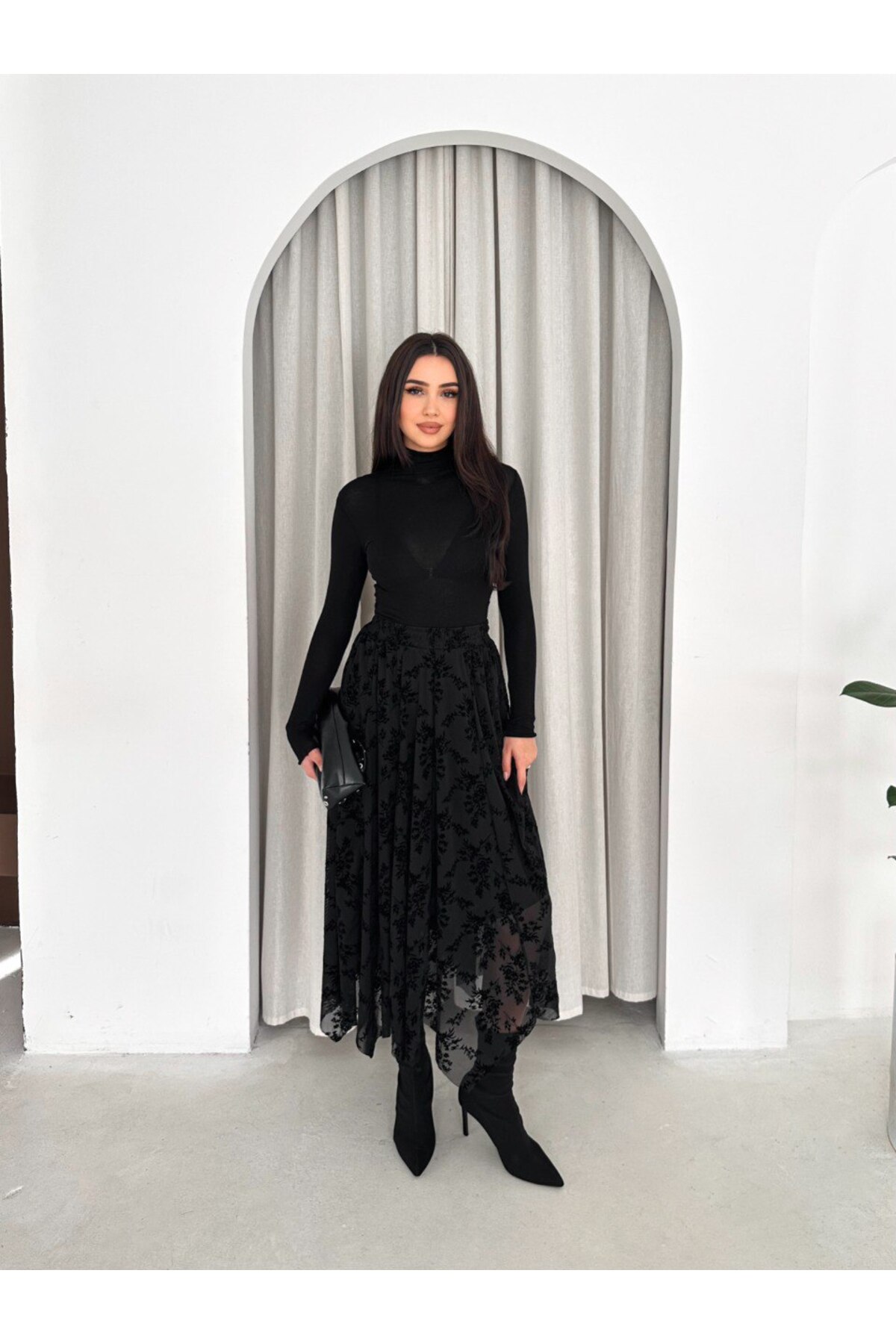 MİSPİER  Asimetrik kesim Flok Baskılı Tüllü Astarlı Etek - Görsel 5