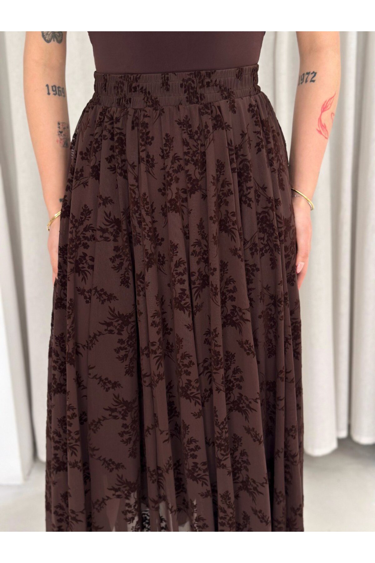 MİSPİER  Asimetrik kesim Flok Baskılı Tüllü Astarlı Etek - Görsel 4