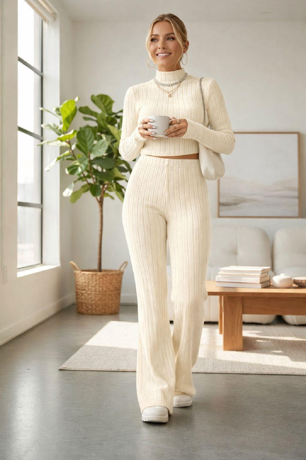 Imoda Дамски комплект от къса блуза с ленти в цвят екрю и спортен панталон с ...