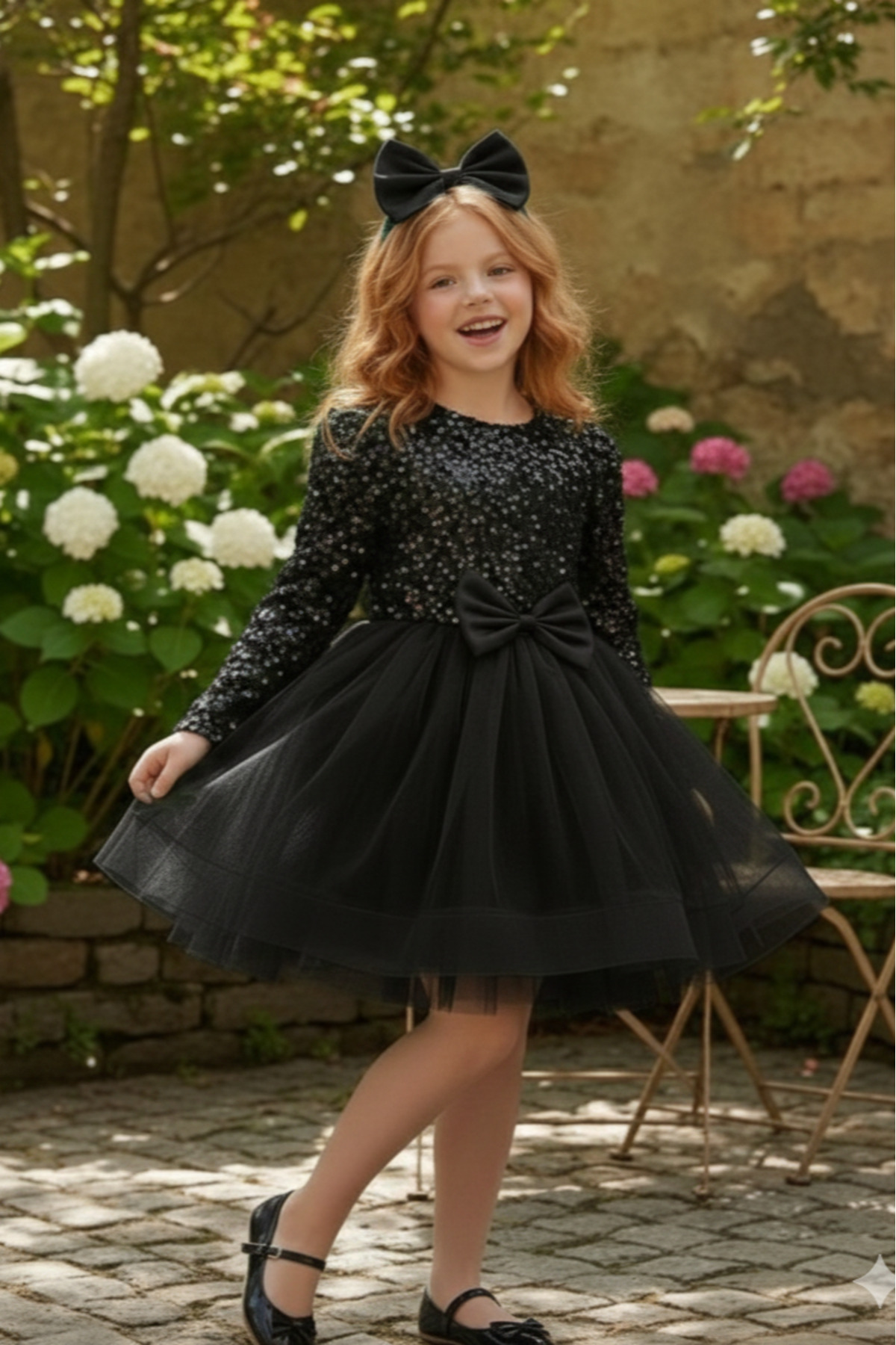 Kadife Payetli Uzun Kollu Kabarık Siyah Çocuk Abiye 2/12 yaş arası abiye ABY245