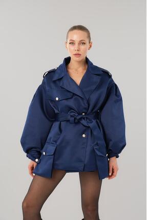 PATRONİZE Saks Mavi Kruvaze Yaka Astarlı Balon Kol Kuşaklı Mont