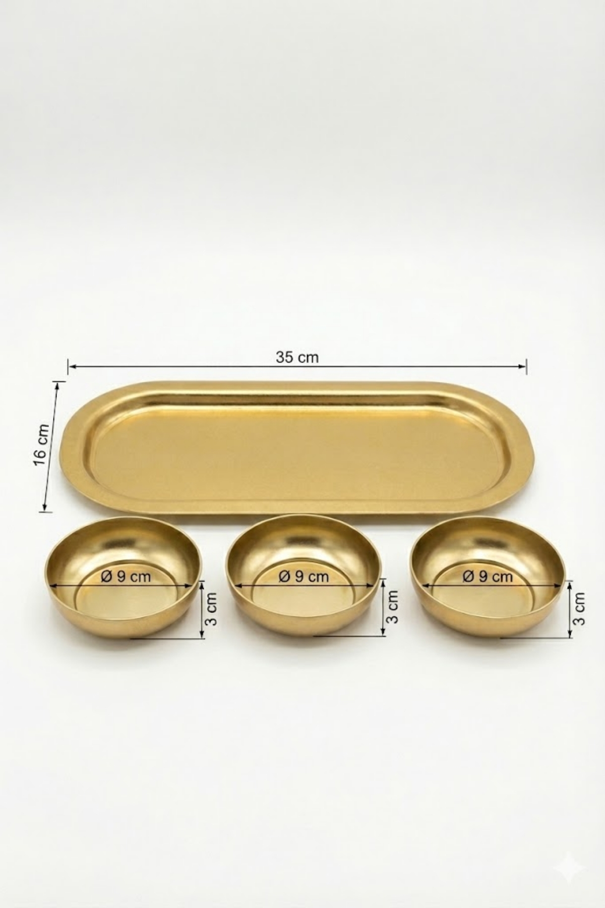 Mat Altın Baton Tepsi ve 3'lü Çerezlik Sunum Seti - 35x16 cm / Ø90 mm — Tepsiler — görsel 6 / 6 — Tinbox