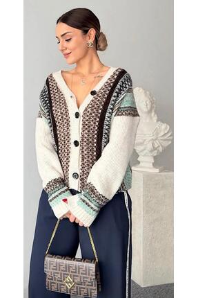 SİBELİZE Etnik Desenli V Yaka Düğmeli Bohem Triko Hırka
