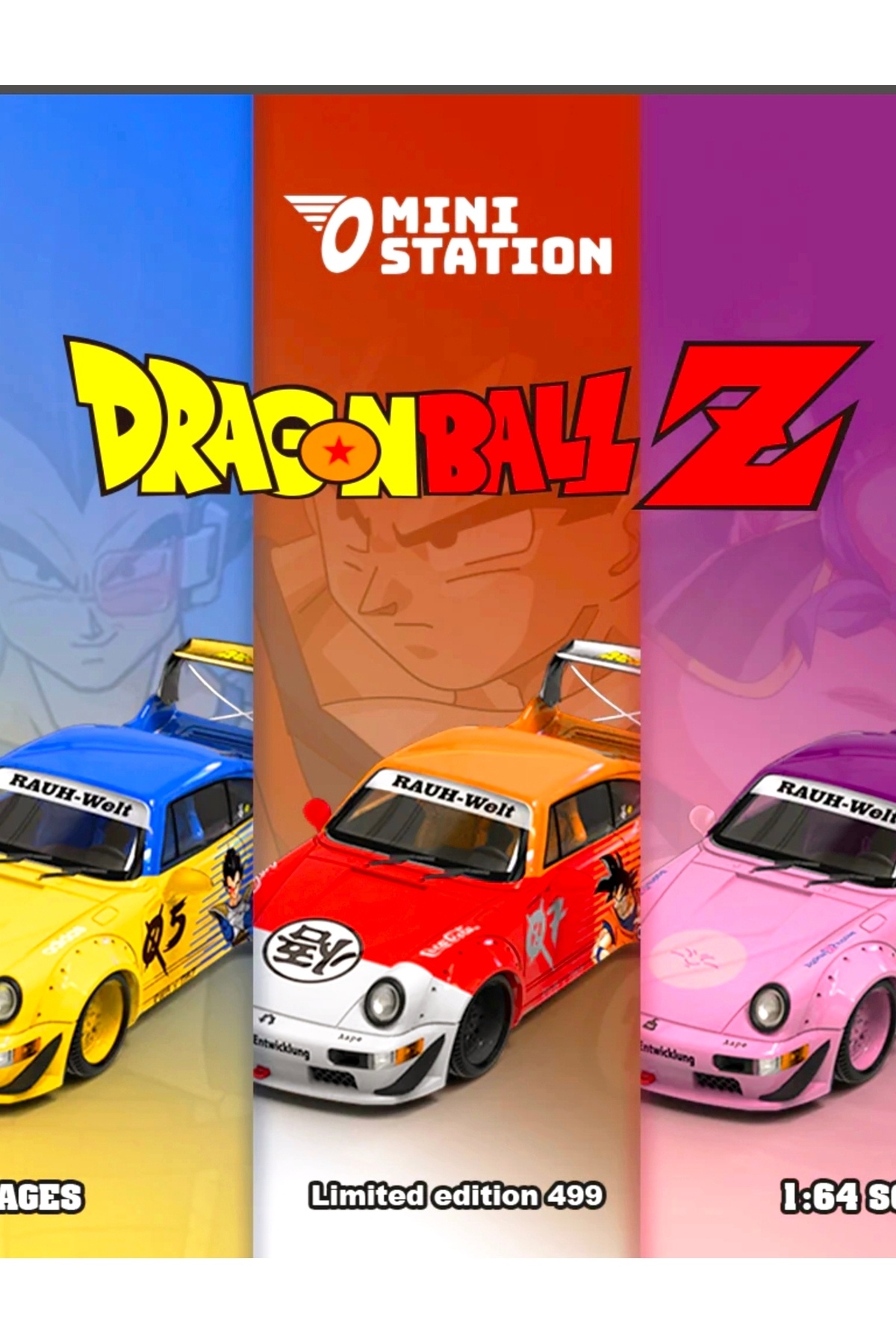 TPC 1/64 RWB 964 ガンダム アキバ Mini Station Porsche RWB 964 Dragon Ball Z 3'lü Set (Pleksi-Kutulu