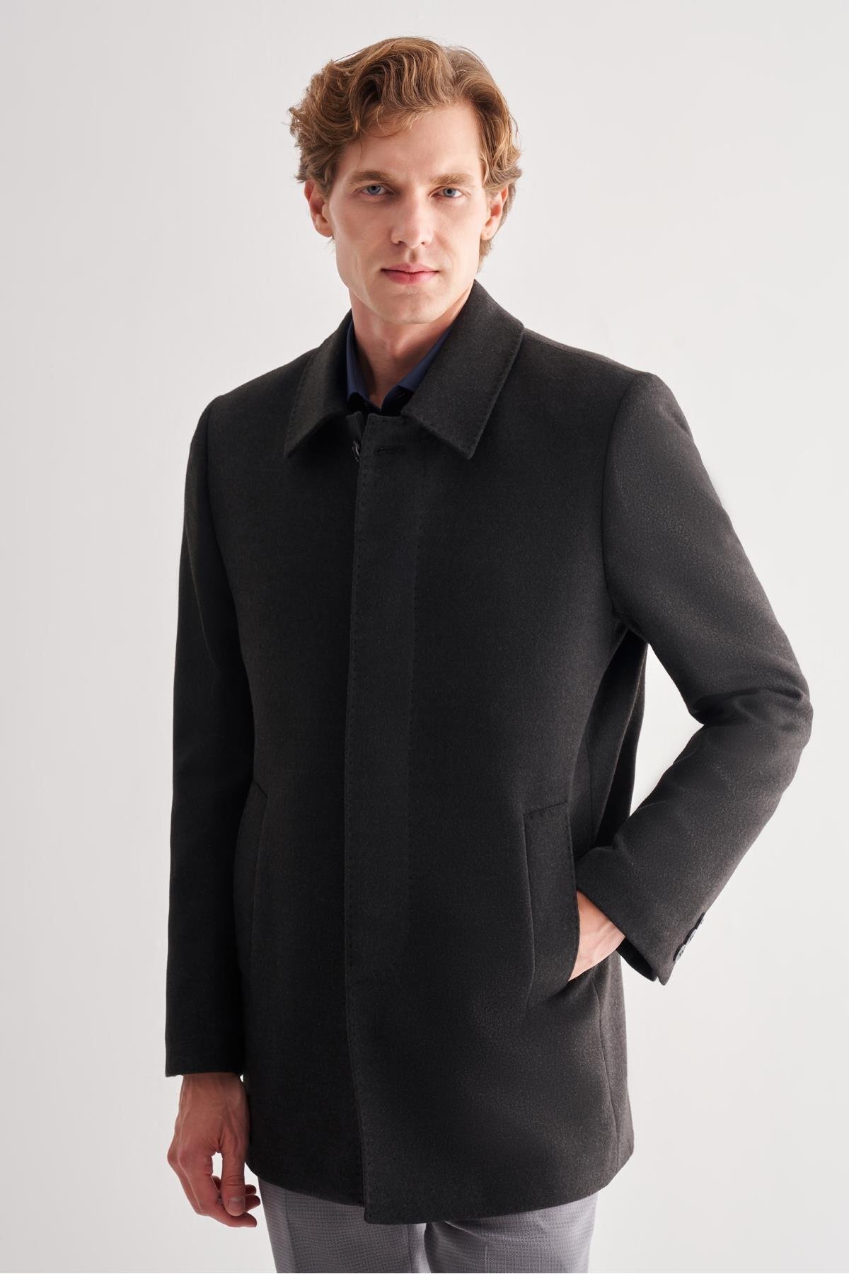 İmza  Antrasit Kaşe Bebe Yaka Kapitoneli Astar Comfort Fit Rahat Kesim Klasik Kaban 1008245261 - Görsel 4