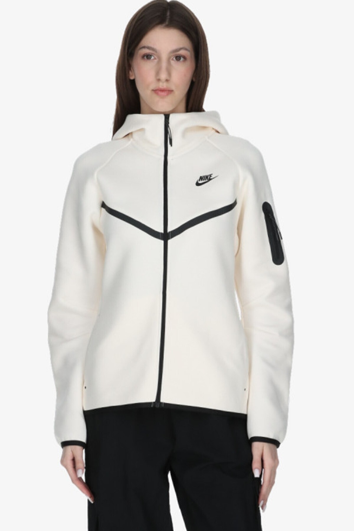 Nike Tech Fleece Full Zip Women Windrunner Hoodie Kapüşonlu Fermuarlı Kadın Sweatshirt Kirli Beyaz
