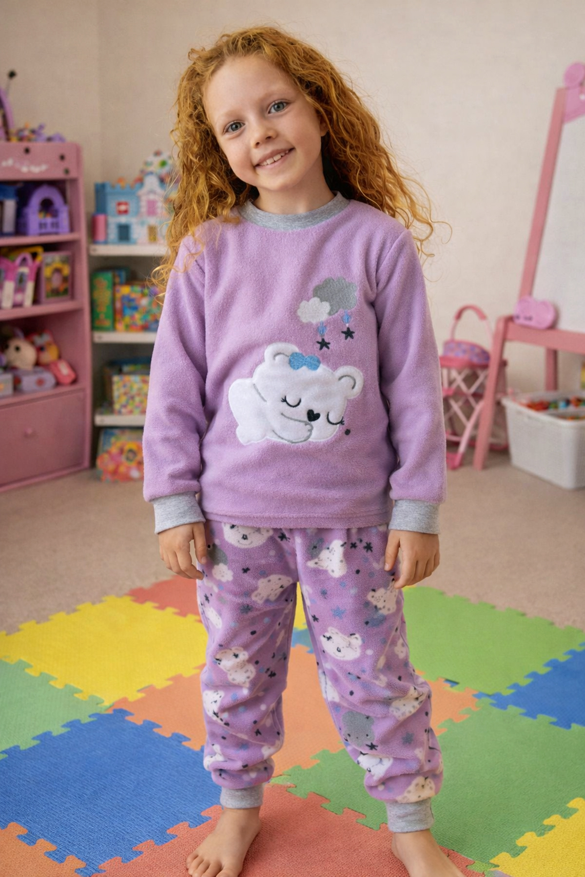 Aydoğan Girl's Velvet Fleece Patterned Pajama Set 1680 Lilac