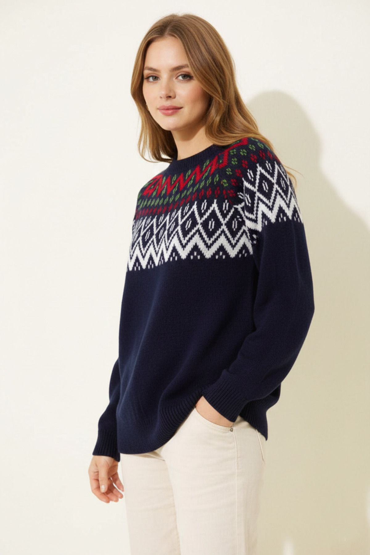 FERHEL  Kadın Etnik Zigzag Desenli Triko Kazak - Lacivert - Görsel 2