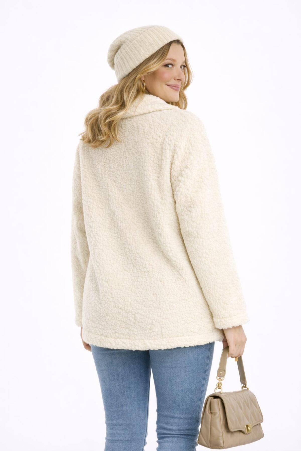 Polo State  Kadın Tam Fermuarlı Cep Detaytlı Sherpa Ceket Mont Ekru - Görsel 5