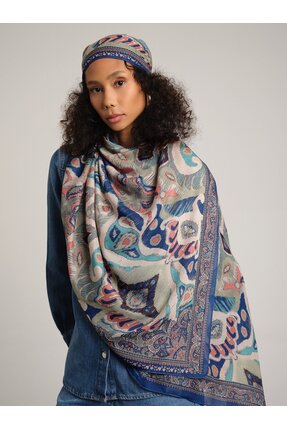 Ayshara Sırlı Motifler Etnik Desenli Tek Taraflı Şal - Mint mavi