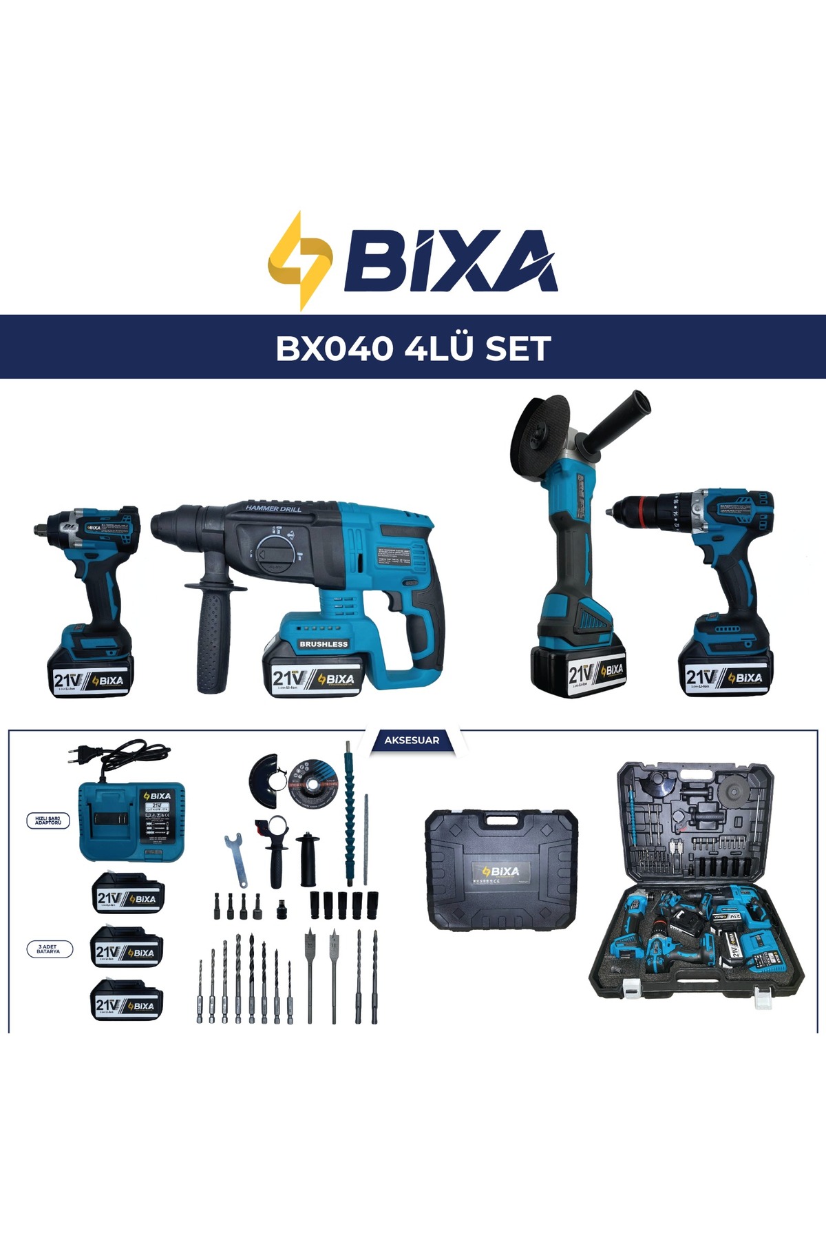 bixa 21V Kömürsüz Motor 4'lü Profesyonel Şarjlı Set - Somun Sıkma