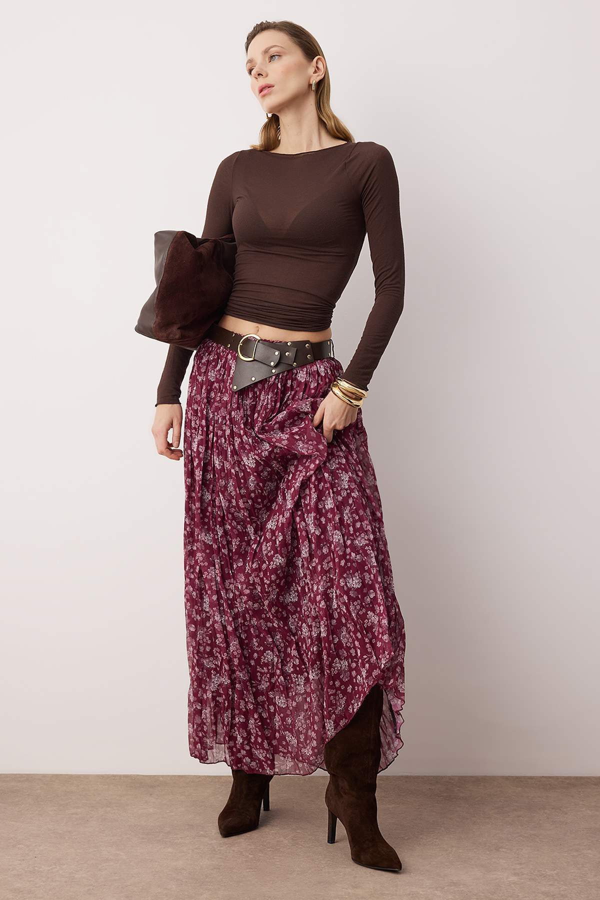 Trendyolmilla  Pembe Kemerli Çiçekli Şifon Kırışık Dokuma Uzun Etek TWOAW26ET00171 - Görsel 2