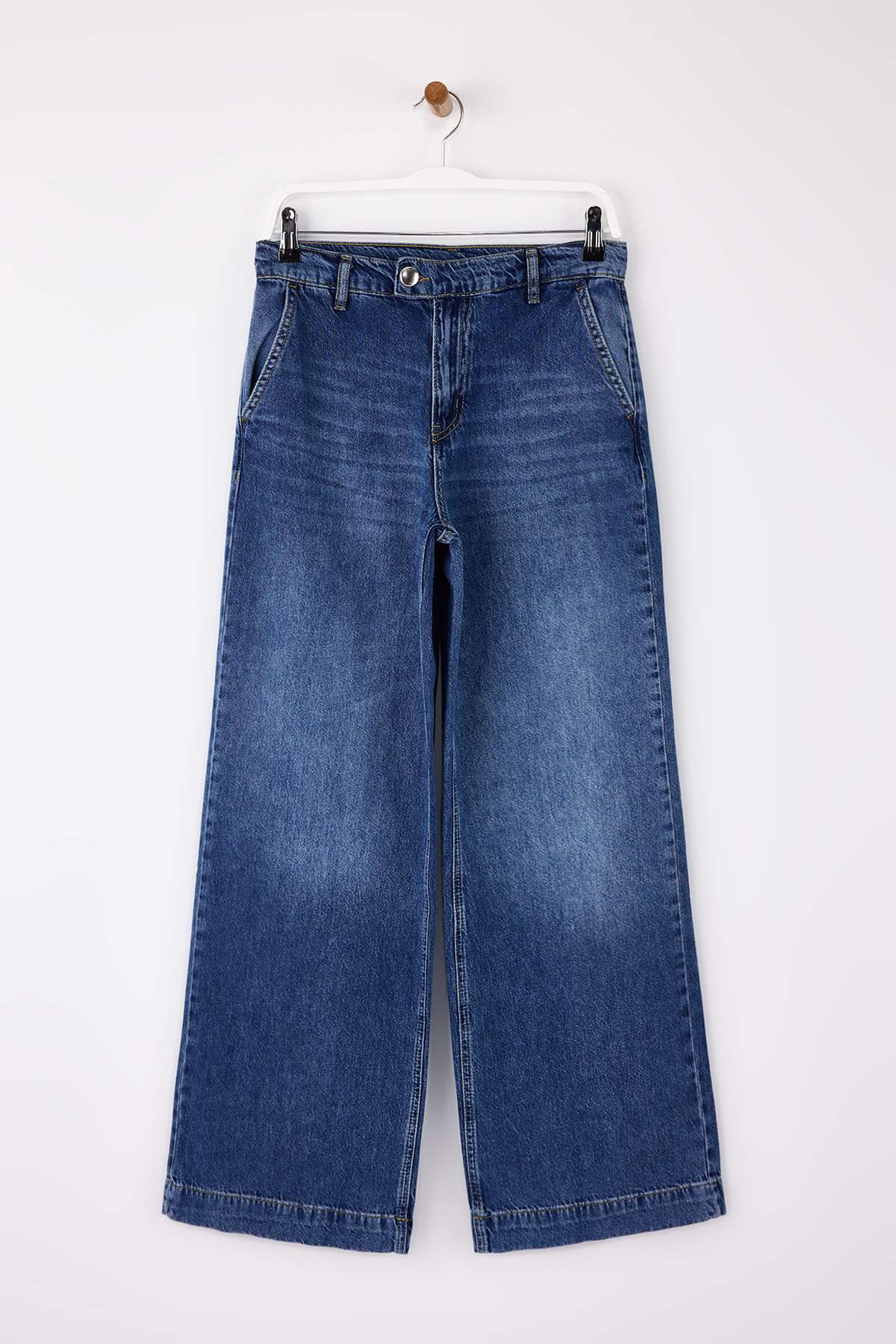 Trendyolmilla  Koyu Mavi DÖKÜMLÜ Bel Detaylı Yüksek Bel %100 Pamuk Wide Leg Jeans TWOSS26JE00061 - Görsel 5
