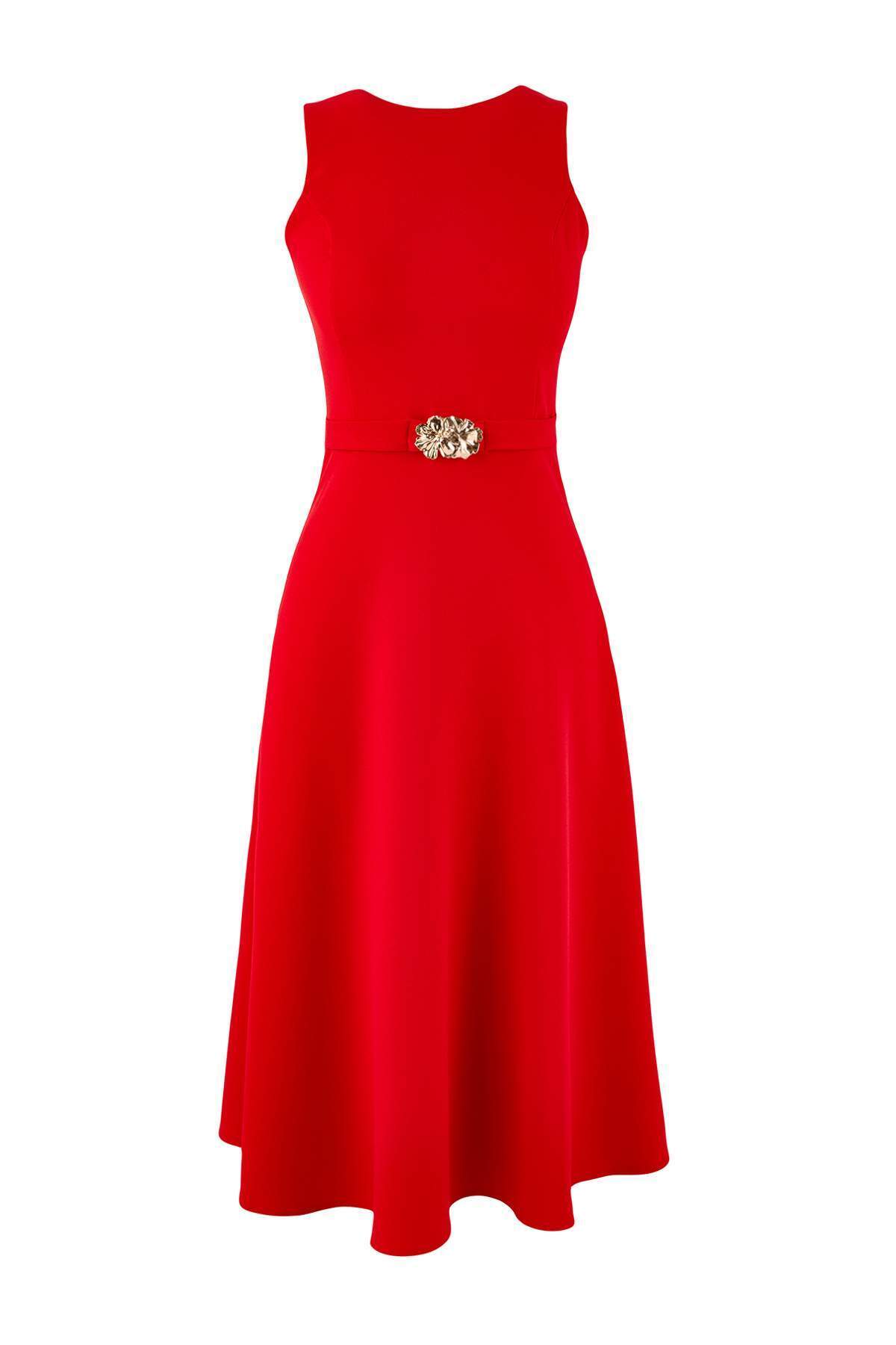 Trendyolmilla  Kırmızı Kemerli Esnek Midi Dokuma Elbise TWOSS26EL00134 - Görsel 5