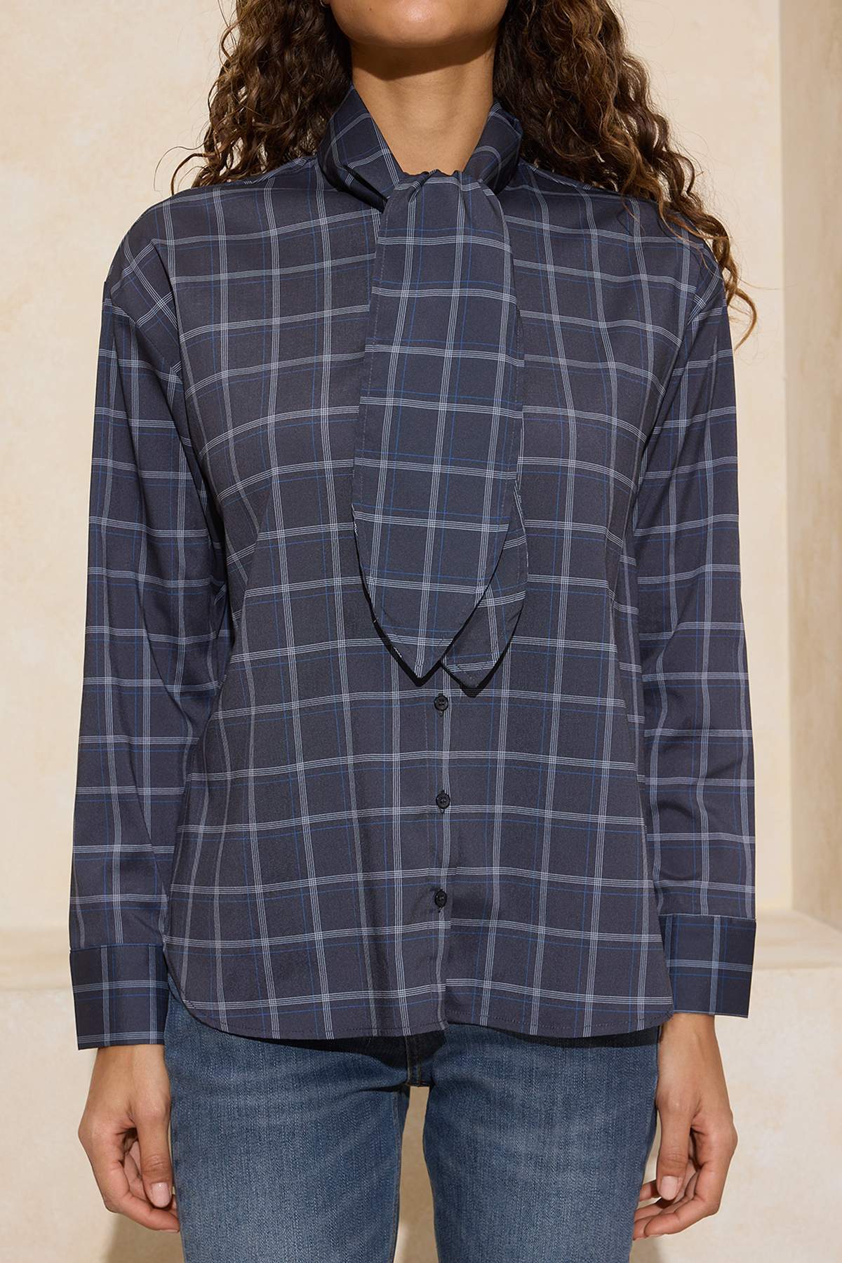 Trendyolmilla  Mavi-Çok Renkli Ekose Fular Detaylı Oversize/Geniş Kalıp Gömlek TWOSS26GO00009 - Görsel 3